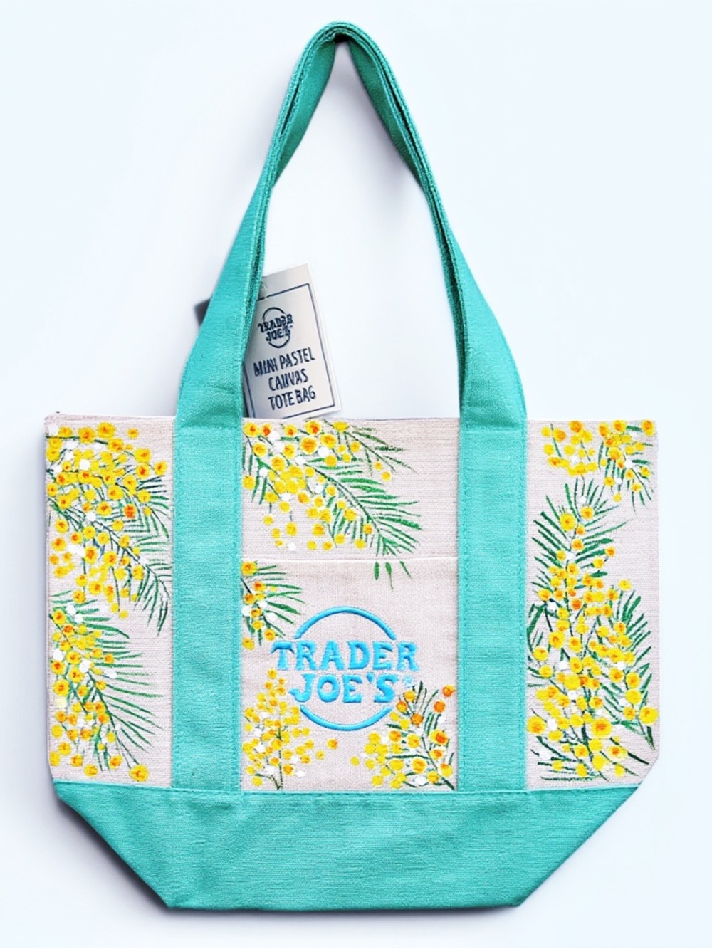 Hand Painted Trader Joe’s Mini‎ Pastel Canvas Tote Bag Mimosa Floral Teal Green